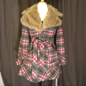 Pink Soup pink/gray plaid winter jacket faux fur